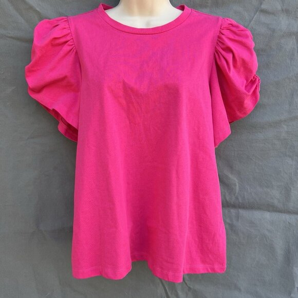 English Factory Tops - English Factory Size L Hot Pink Puff Short Sleeves 100% Cotton Tee Shirt Blouse